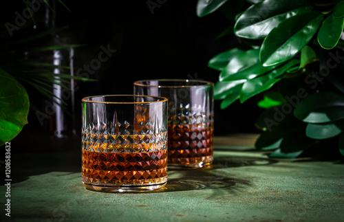 Japanese whiskey single malt in rocks glass. Dark green background with tropical leaves photo