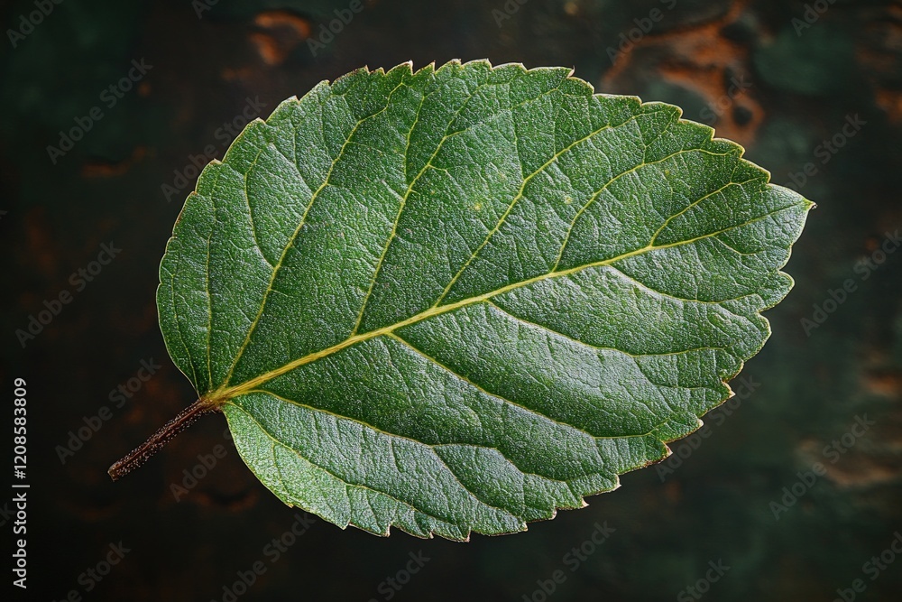 Single green leaf, detailed veins, dark background. Single green leaf, detailed veins, dark background.