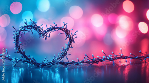 A minimalistic, bright-toned image of a crown of thorns shaped like a heart symbolizing Jesus' love and sacrifice, set against an Easter background with a blurred, empty space for a caption

 photo