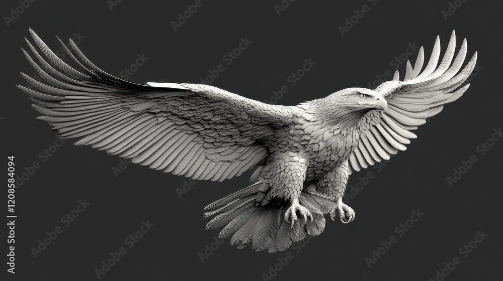 Fototapeta premium Majestic eagle in mid-flight captured in detailed black and white art
