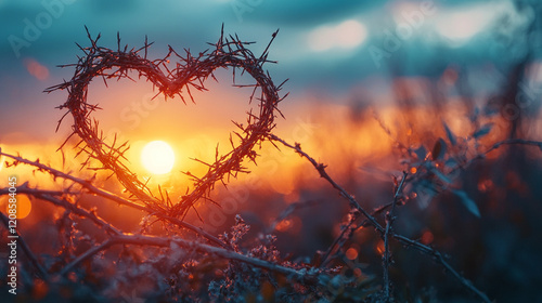 A minimalistic, bright-toned image of a crown of thorns shaped like a heart symbolizing Jesus' love and sacrifice, set against an Easter background with a blurred, empty space for a caption

 photo