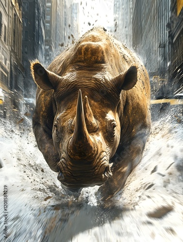 Rhino Rampage: A Wild Charge Through Urban Chaos photo