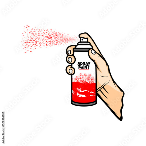 right hand holds a tube bottle of red spray paint for coloring vector illustration