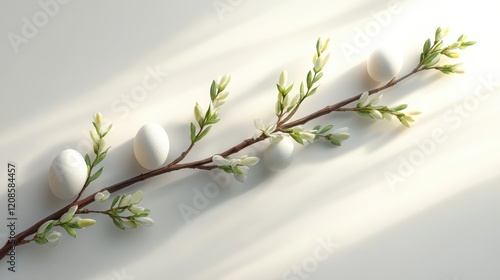 Minimalist easter postcard with eggs and blossoms in elegant flat lay design