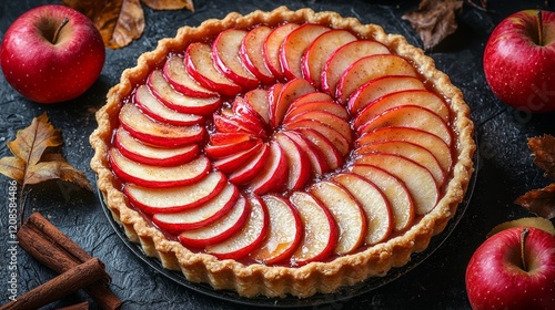 Autumn apple tart dessert on dark background with cinnamon. Food photography for recipe blogs or magazines photo