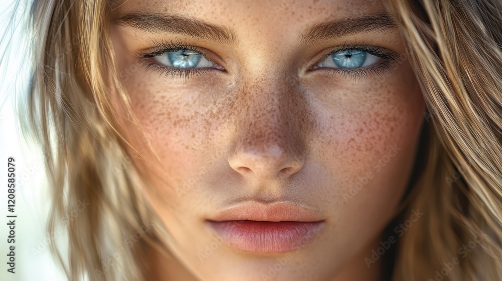 Close-up portrait of young woman with freckles and blue eyes Close-up portrait of young woman with freckles and blue eyes