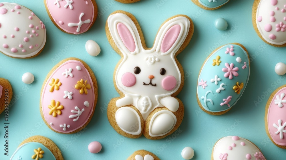 Festive easter bunny and egg cookies arrangement for holiday celebrations Festive easter bunny and egg cookies arrangement for holiday celebrations