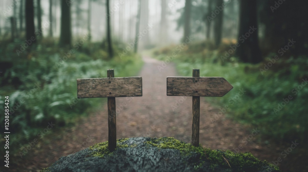 Two blank wooden signs on a mossy rock by a forest path, signifying choice and direction. Two blank wooden signs on a mossy rock by a forest path, signifying choice and direction.