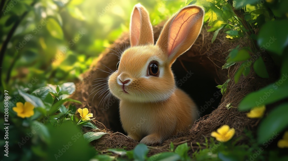 Adorable rabbit in burrow surrounded by flowers for easter celebration design Adorable rabbit in burrow surrounded by flowers for easter celebration design