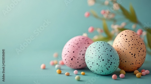 Vintage pastel easter eggs on mint background for seasonal decoration and design