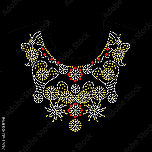 Rhinestone applique collar design for t-shirt or blouse hot-fix transfer. Abstract beautiful glitter applique rhinestone motif.