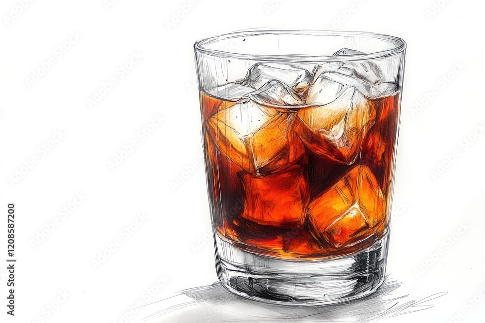 Sketch of whiskey glass, ice, amber liquid. Sketch of whiskey glass, ice, amber liquid.