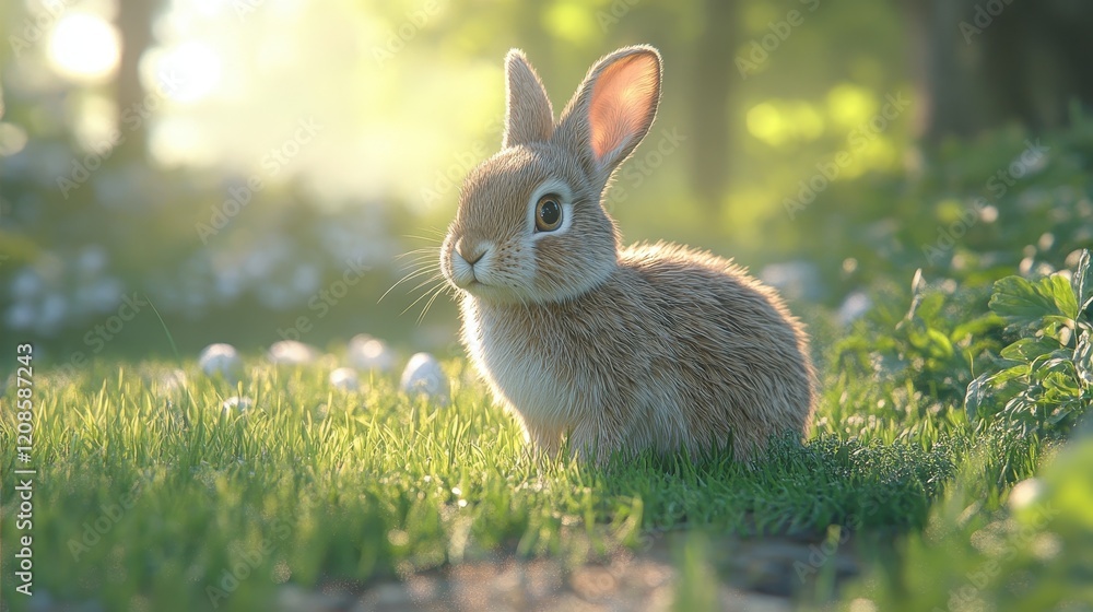 Fototapeta premium Easter bunny strolling on lush green grass in spring sunshine