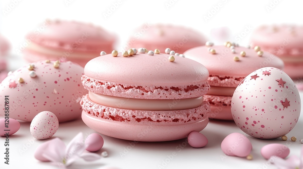 Pink french macarons with easter decorations for festive celebrations Pink french macarons with easter decorations for festive celebrations