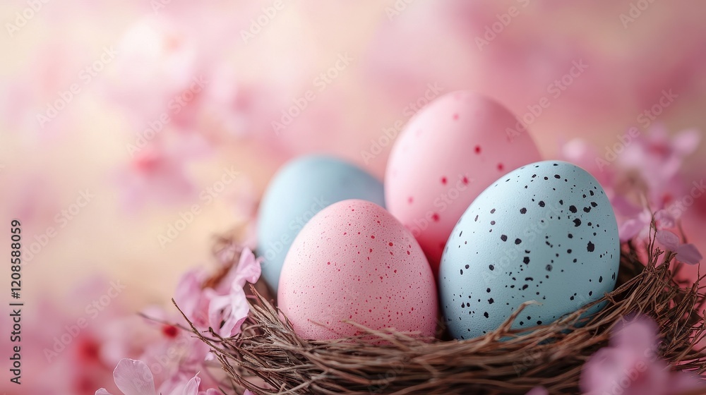 Vibrant easter eggs in nest on soft pink background for holiday decor Vibrant easter eggs in nest on soft pink background for holiday decor