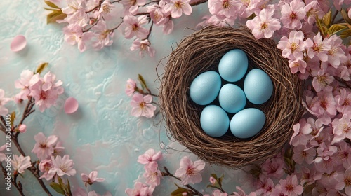 Easter nest with blue eggs and cherry blossoms for spring decoration