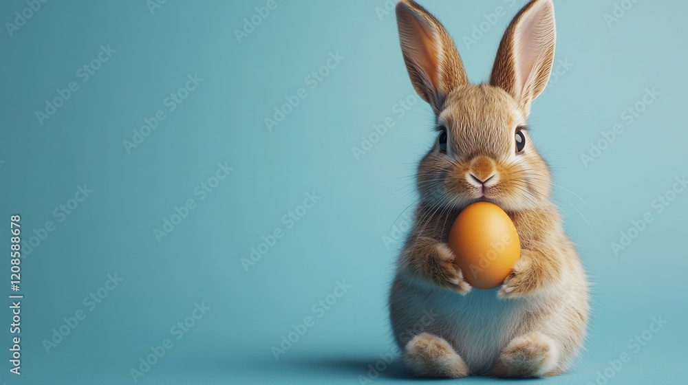 Obraz premium Adorable bunny holding easter egg on pastel blue background for holiday decoration