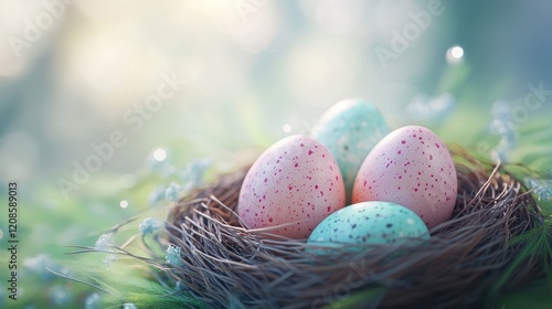 Vibrant easter eggs nestled in a natural delicate nest for festive decoration