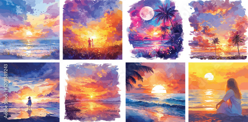 sunset watercolor clipart