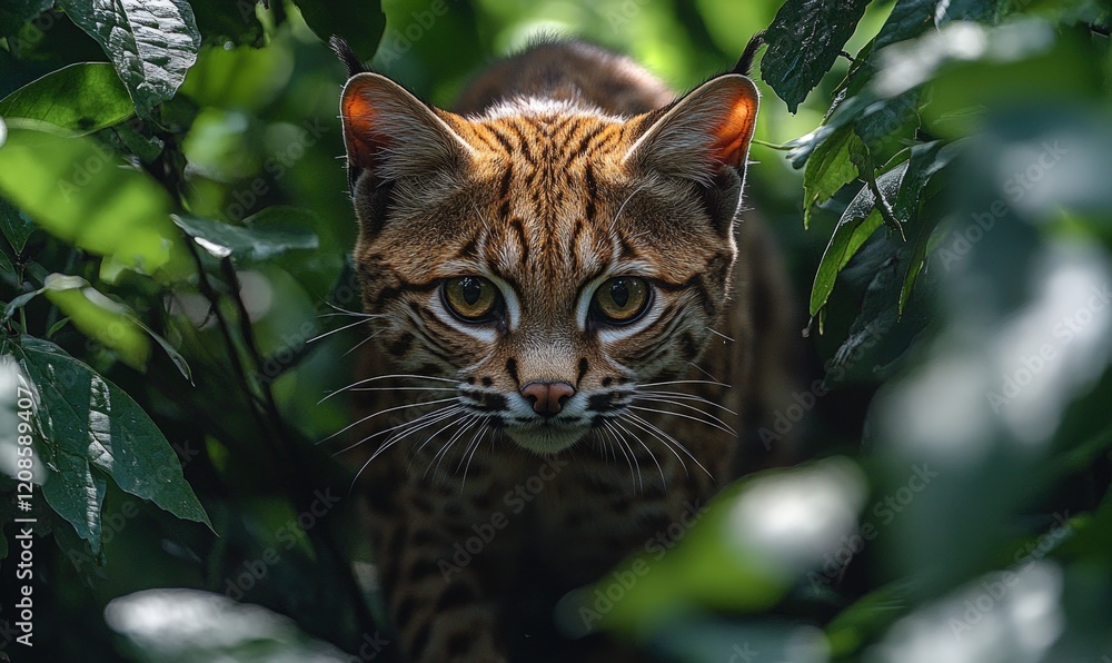 Wildcat stares intently from leafy foliage. Wildcat stares intently from leafy foliage.