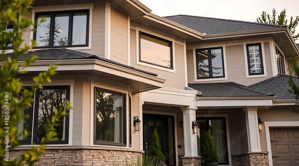 Fototapeta premium Luxury Home Exterior: Modern Architectural Design, Stunning Facade, and Landscaping