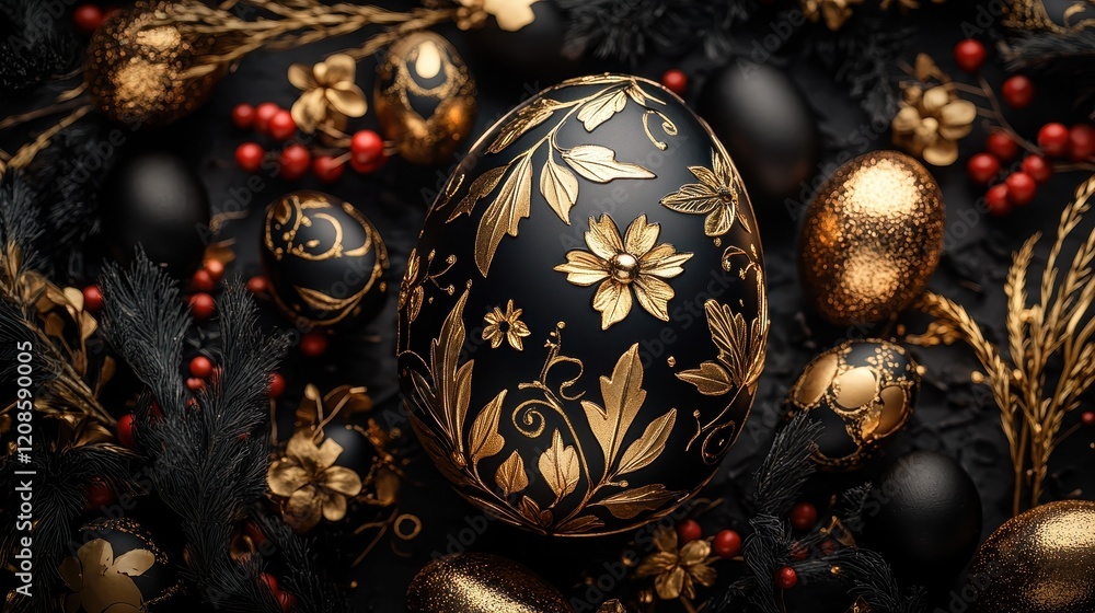 Elegant easter egg display with black and gold colors in festive flat lay Elegant easter egg display with black and gold colors in festive flat lay