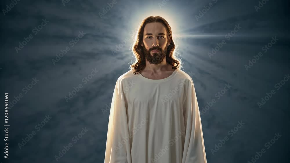 Jesus Christ with long hair and beard wearing a white tunic, emerging from the clouds with a divine light Jesus Christ with long hair and beard wearing a white tunic, emerging from the clouds with a divine light
