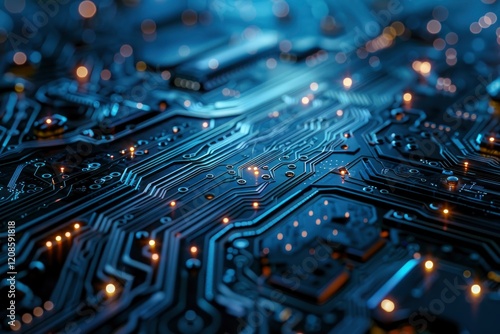 Close-up view of a blue circuit board with illuminated pathways and electronic components, showcasing technology photo