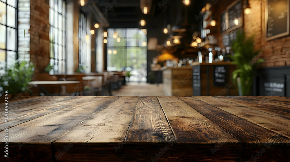 Rustic Cafe Interior with Wooden Table and Warm Lighting Rustic Cafe Interior with Wooden Table and Warm Lighting