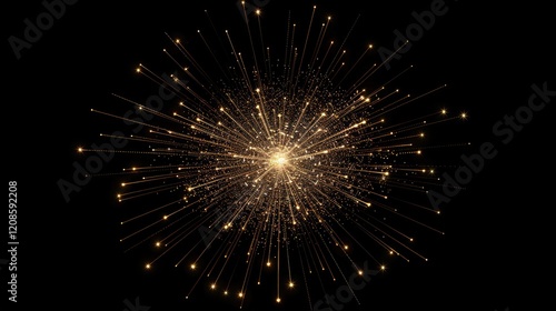 Speed ​​light effect with golden glowing lines, halos and sparkling particles shooting out from the center on a dark background for a sci-fi tunnel. space jumping