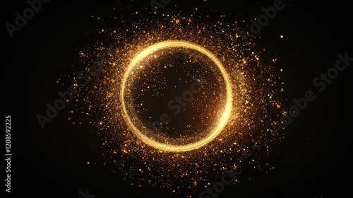 Speed ​​light effect with golden glowing lines, halos and sparkling particles shooting out from the center on a dark background for a sci-fi tunnel. space jumping