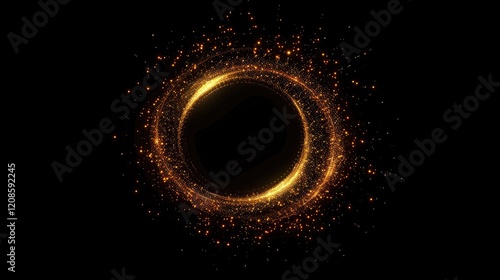Speed ​​light effect with golden glowing lines, halos and sparkling particles shooting out from the center on a dark background for a sci-fi tunnel. space jumping