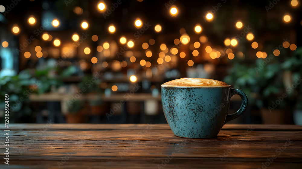 Fototapeta premium Warm Coffee in Rustic Cafe Setting at Night