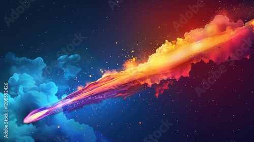 Vector illustration concept of a rocket path with a fiery explosion and multi-colored smoke.