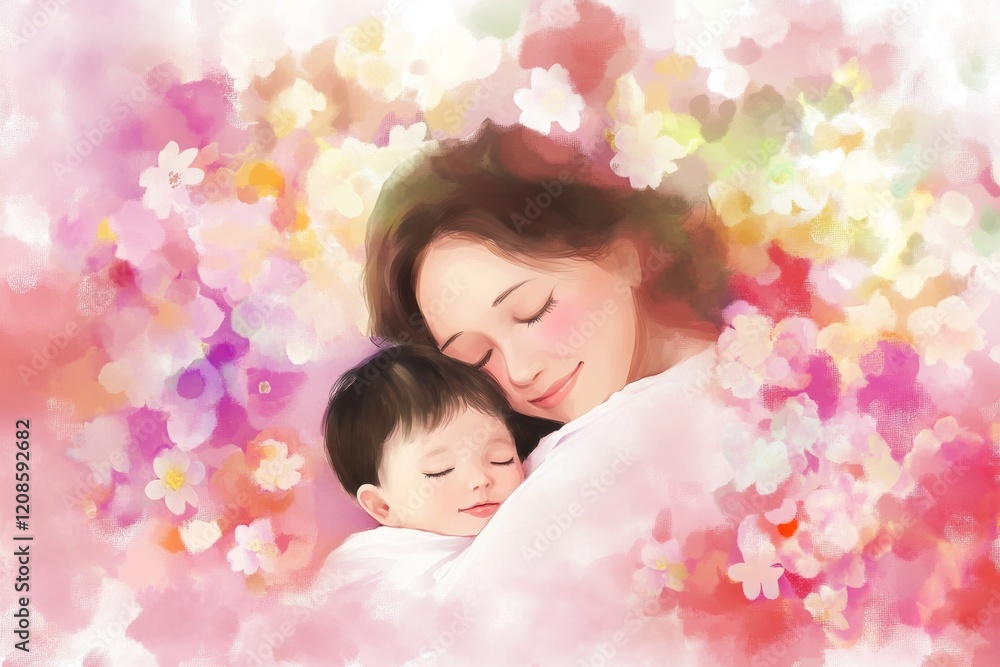 Mother cradling her baby amidst a vibrant flower background in soft pastel colors Mother cradling her baby amidst a vibrant flower background in soft pastel colors