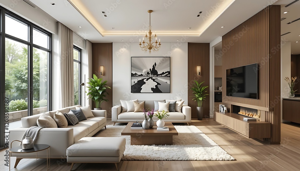 Fototapeta premium Modern Living Room Design Featuring Elegant Furnishings and Artwork