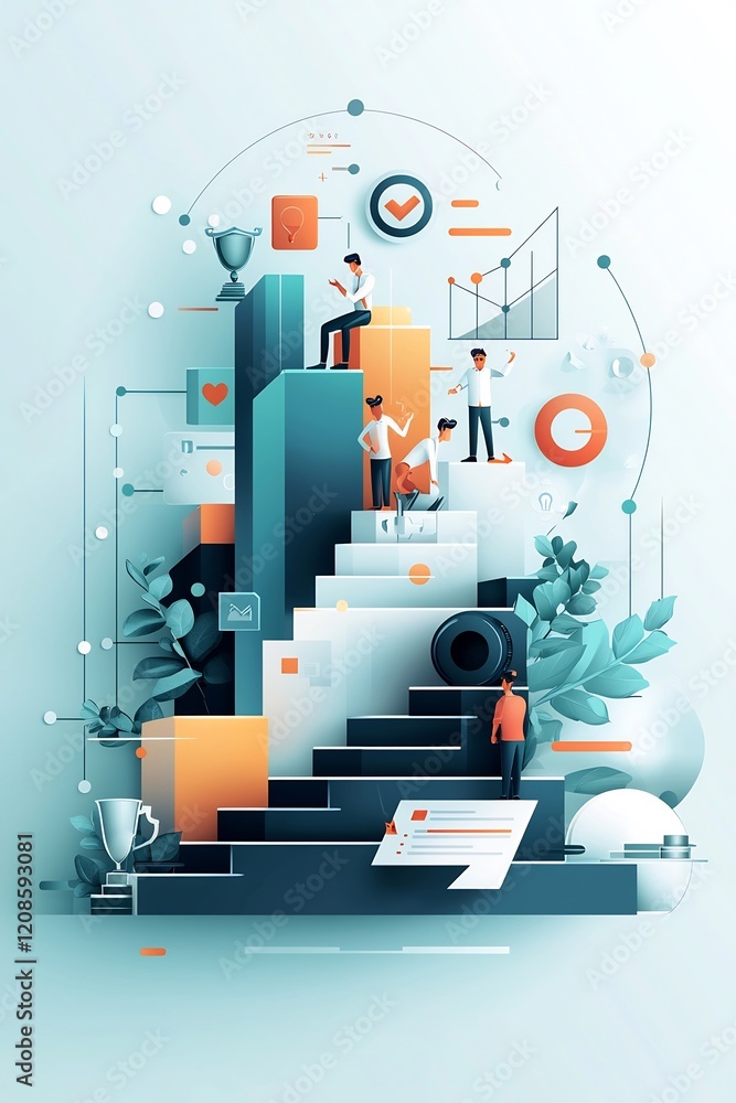 Minimalist illustration of success characters climbing abstract stairs trophies clean design in pastel tones Minimalist illustration of success characters climbing abstract stairs trophies clean design in pastel tones