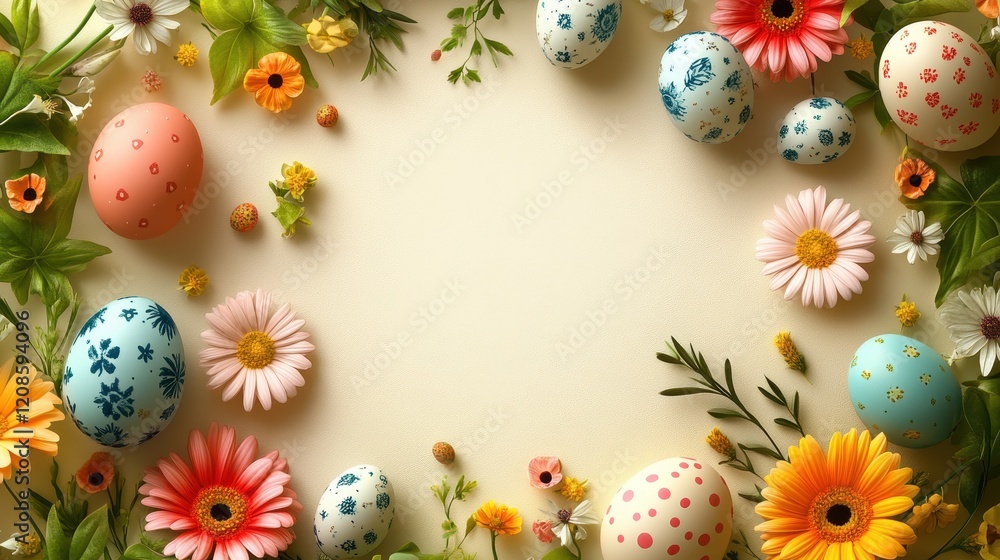 Easter greeting card design with colorful eggs and spring flowers Easter greeting card design with colorful eggs and spring flowers