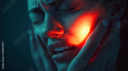 Woman Feeling Toothache Pain, Red Glow, Close-up