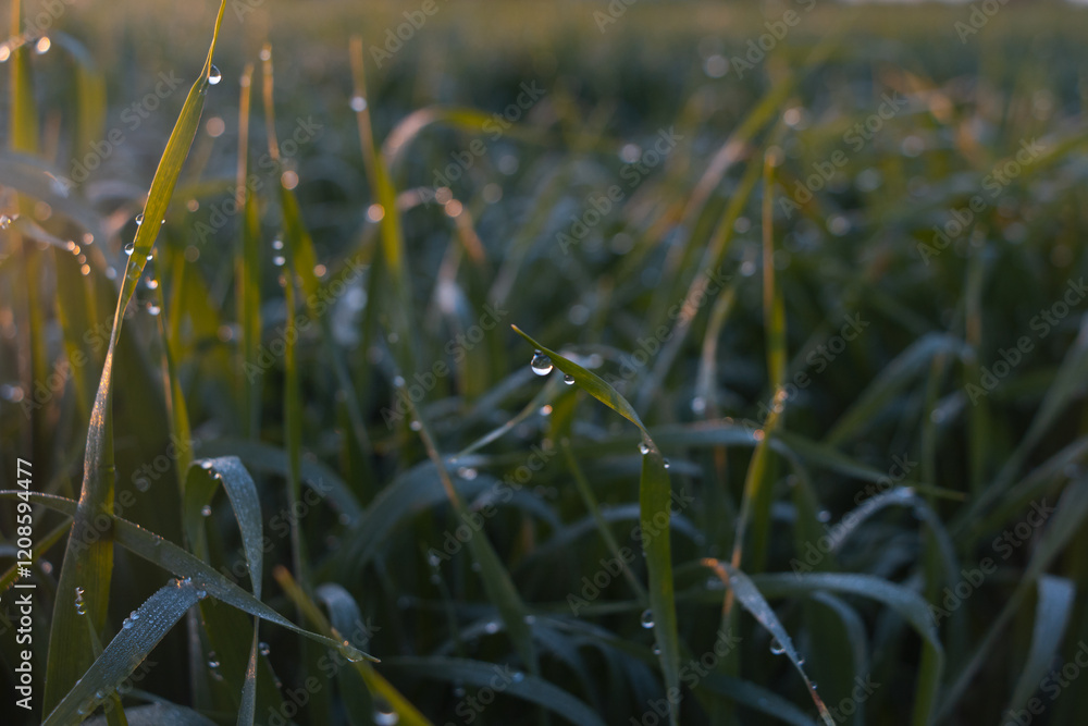 Obraz premium Dew or rain drops on fresh green wheat on sunrise. Nice bokeh effect of early morning golden hour. Meditation of plants birds and insects. Sun glares in a village. Kyiv, Ukraine. High resolution.