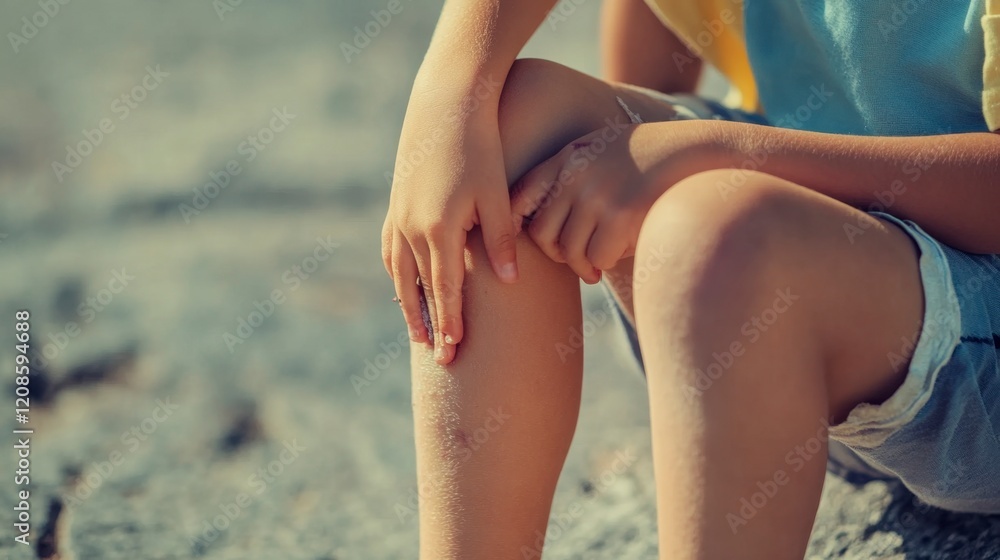 Child Examining Scraped Knee Outdoors - Summer Day Child Examining Scraped Knee Outdoors - Summer Day