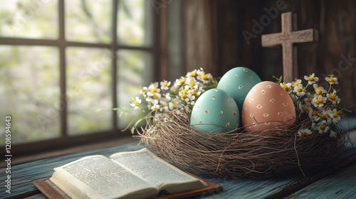 Easter celebration with colorful eggs and flowers in nest decor on rustic table