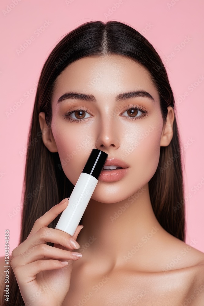 Model showcasing a beauty product on a simple pink background with flawless skin and natural makeup Model showcasing a beauty product on a simple pink background with flawless skin and natural makeup