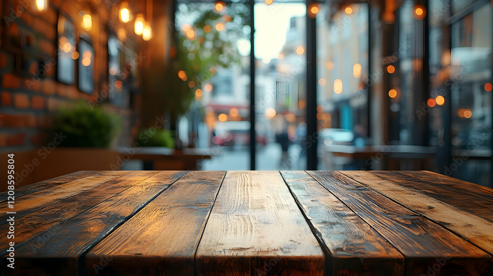 Rustic Wooden Tabletop in City Cafe Setting at Night, ideal for product placement Rustic Wooden Tabletop in City Cafe Setting at Night, ideal for product placement