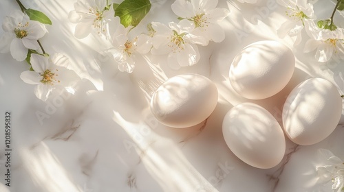 Minimalist easter greeting card design with elegant white eggs and floral accents