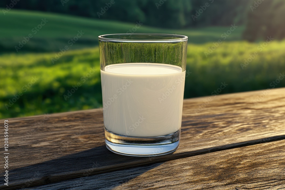 Fresh Milk in a Transparent Glass Placed on a Rustic Wooden Table Surrounded by Lush Green Landscape Under Soft Evening Light Fresh Milk in a Transparent Glass Placed on a Rustic Wooden Table Surrounded by Lush Green Landscape Under Soft Evening Light