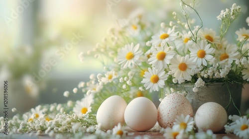 Easter arrangement with soft hued eggs and daisies for spring decor and celebration