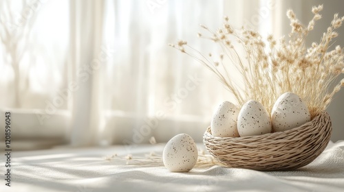 Elegant easter card with cream-colored eggs and natural basket decoration for festive greetings