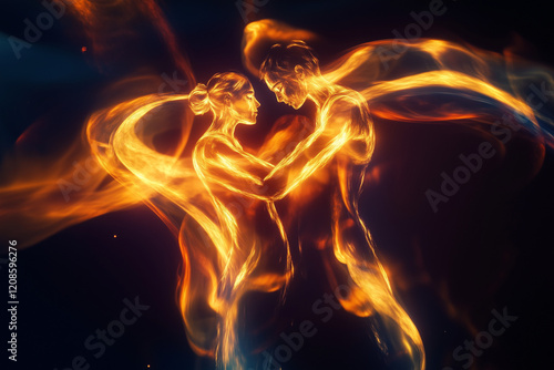 Obraz na płótnie Glowing twin souls in a cosmic embrace, their auras merging into radiant, intertwined flames. w salonie
