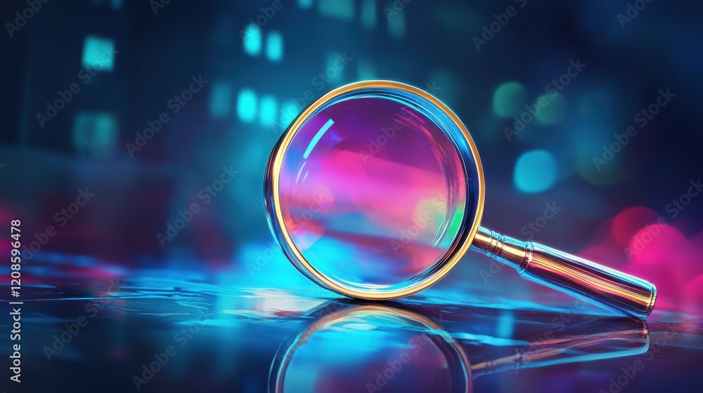 Magnifying glass on neon lit surface in vibrant cityscape at night Magnifying glass on neon lit surface in vibrant cityscape at night